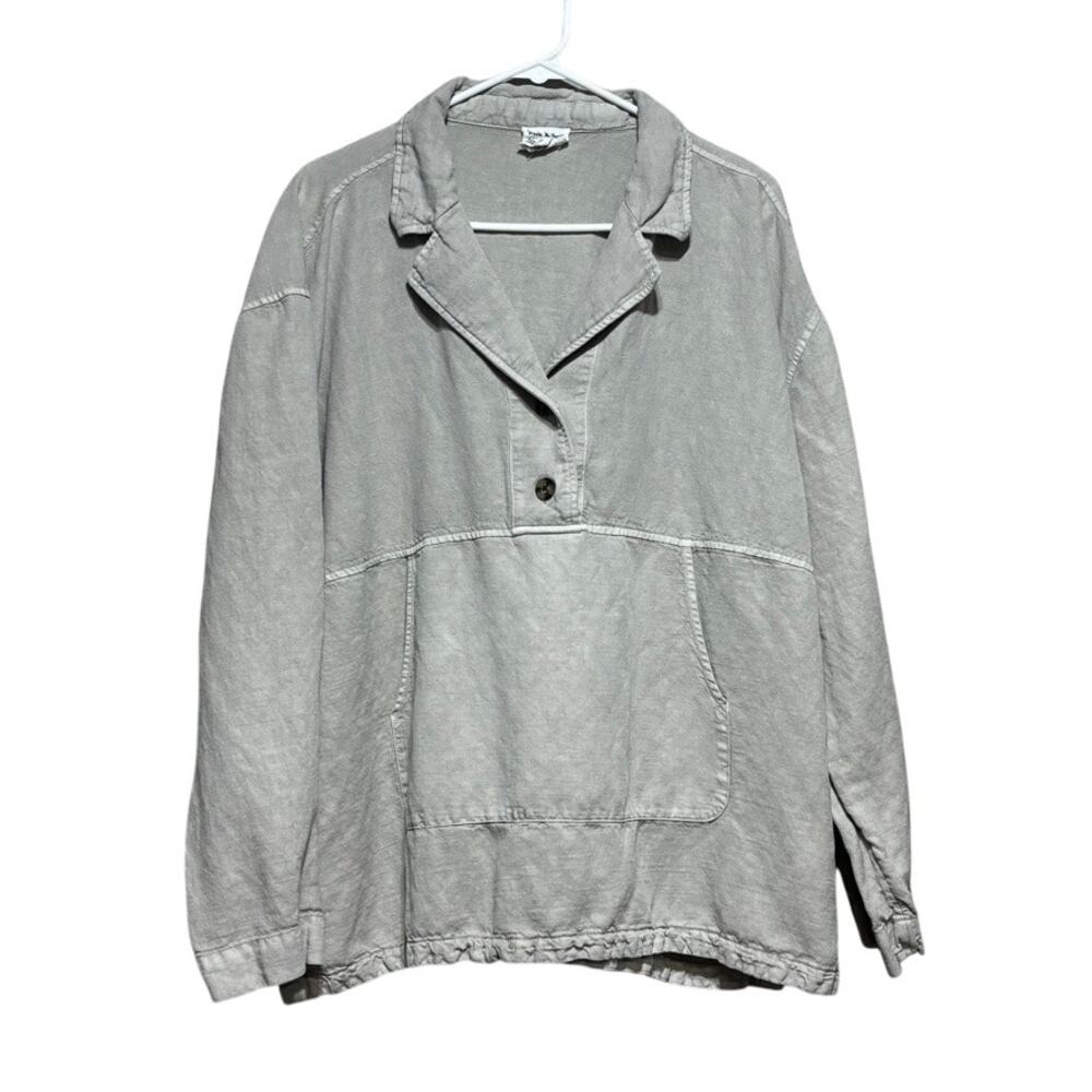 Nicole Miller New York Womens L Tan Cream Linen Lyocell Popover Tunic Top Pocket - Picture 1 of 9